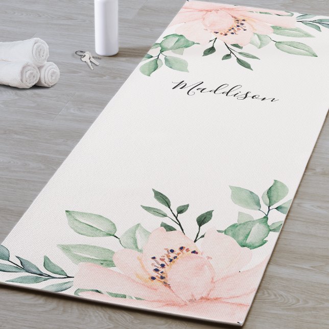 Personalised Blush Pink Flower Yoga Mat (Personalized Pink Flower Yoga Mat )