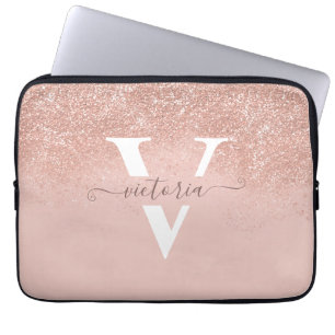 Personalised Blush Pink Glitter Modern Monogram  Laptop Sleeve