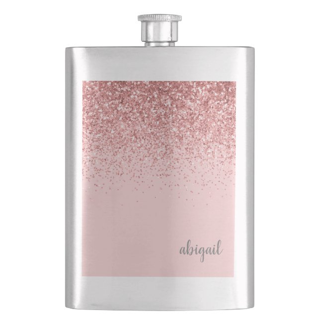 Personalised Blush Pink Glitter Monogram Name Hip Flask (Front)