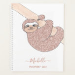 Personalised Blush Pink Glitter Sloth  Planner<br><div class="desc">Are you a sloth lover too?
This charming planner is decorated with a whimsical drawing of a blush pink glitter smiling baby sloth hanging from a branch.
You can customise this planner with your name and year.
Original Drawing © Michele Davies.</div>