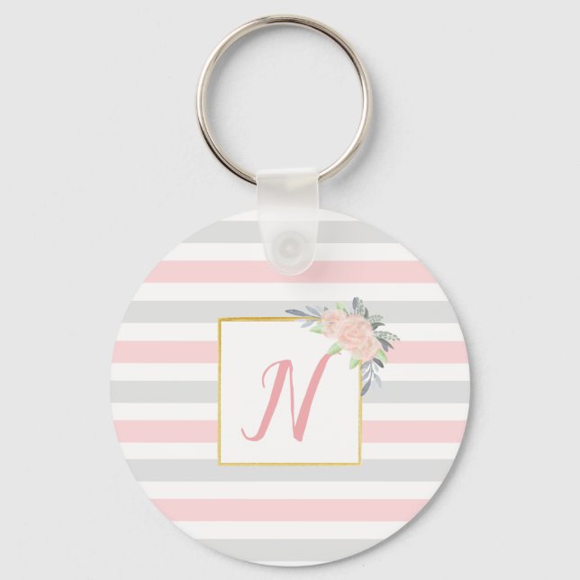 Personalised Blush Pink & Grey Floral Key Ring (Front)