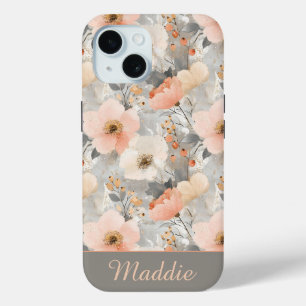 Personalised Blush Pink & Grey Watercolor Floral iPhone 15 Case