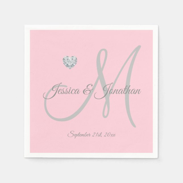 Personalised Blush PINK Heart Monogrammed Wedding Napkin (Front)