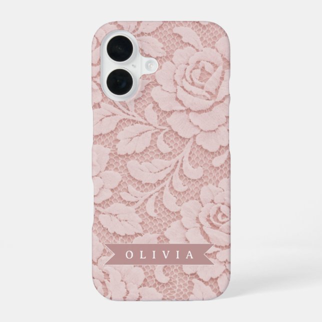 Personalised Blush Pink Lace Floral Romantic iPhone 16 Case (Back)