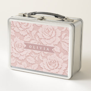 Personalised Blush Pink Lace Floral Romantic Metal Lunch Box