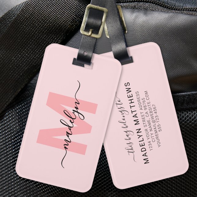 Personalised Blush Pink Monogram Name Luggage Tag (Modern Custom Blush Pink Monogram Name Luggage Tag)