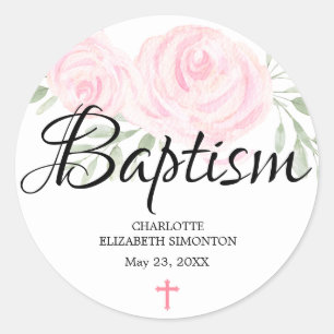 Personalised Blush Pink Rose and Cross Baptism Classic Round Sticker