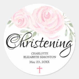Personalised Blush Pink Rose and Cross Christening Classic Round Sticker