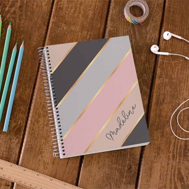 Personalised Blush Pink Taupe Beige Grey Stripe Notebook (Creator Uploaded)