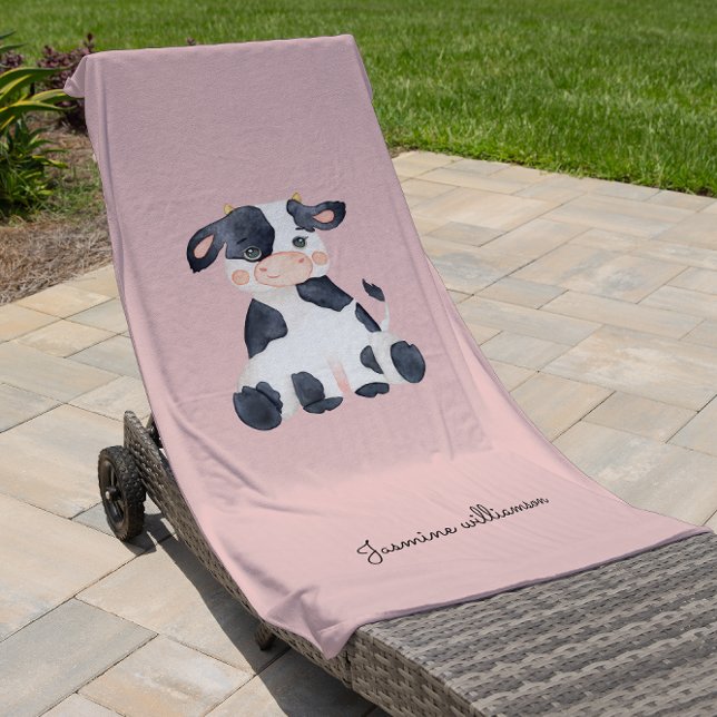  Personalised blush pink trendy watercolor cow Beach Towel (Creator Uploaded)