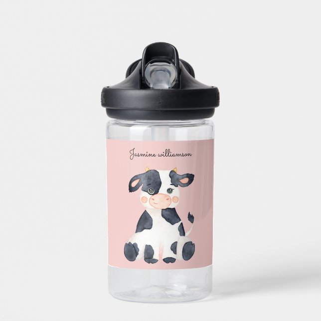  Personalised blush pink trendy watercolor cow Water Bottle (Front)