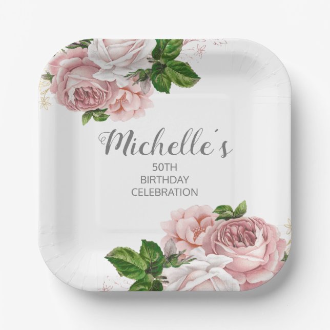 Personalised Blush Pink Watercolor Floral Birthday Paper Plate (Front)