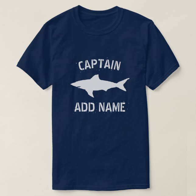 Personalised boat captain name shark logo t shirt (Design Front)