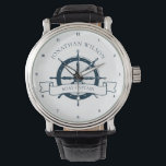 Personalised Boat Captain Vintage Nautical Wheel Watch<br><div class="desc">Chic custom boat captain watch for a beach cruise on the ocean featuring a navy blue boat steering wheel. This nautical themed wristwatch is perfect for a ship helmsman. Personalise with your last name or other text.</div>