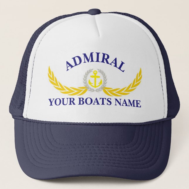 Personalised boat name anchor motif captains trucker hat (Front)
