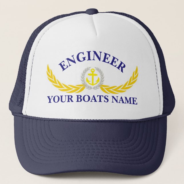 Personalised boat name anchor motif engineers trucker hat (Front)