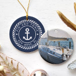 Personalised Boat Name & Photo | Nautical Ceramic Tree Decoration<br><div class="desc">Create a unique boat keepsake with this custom photo ornament featuring your boat name and ship's registry in white lettering on a nautical rope badge with an anchor illustration in the centre,  on a navy blue background. Add a photo of your boat to the reverse side.</div>