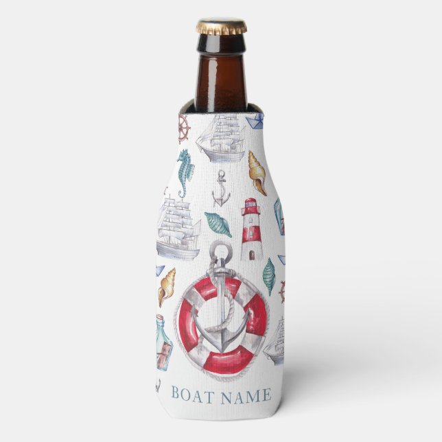 Personalised Boat Watercolor Nautical Bottle Cooler (Bottle Front)
