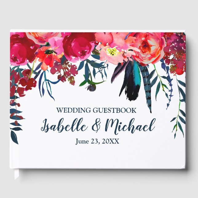 Personalised Bohemian Red Floral Wedding Guestbook (Front)