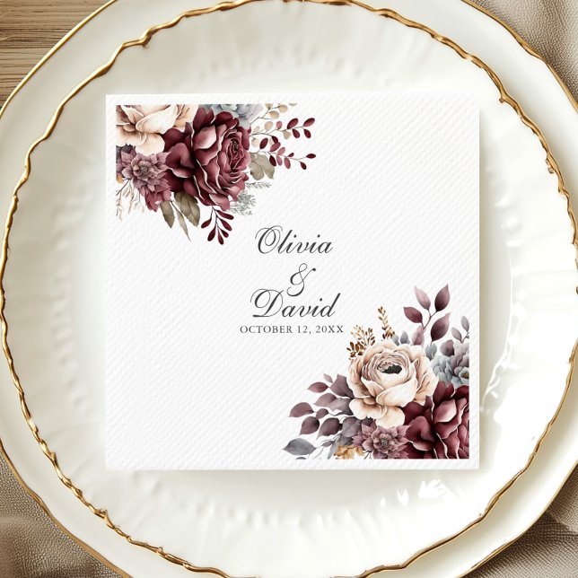 Personalised Boho Burgundy Floral Wedding  Napkin (Personalized Boho Burgundy Floral Wedding Napkins in an elegant white and gold porcelain plate.)