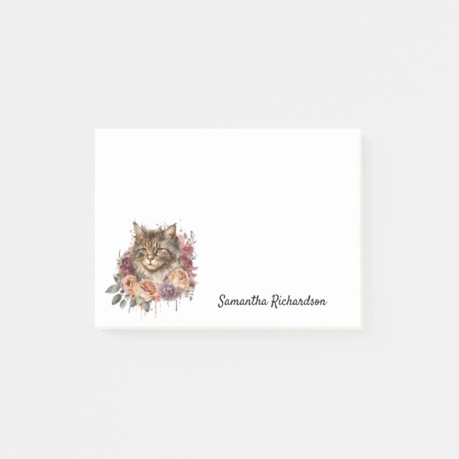 Personalised Boho Cat Floral Watercolor Post-it Notes (Front)