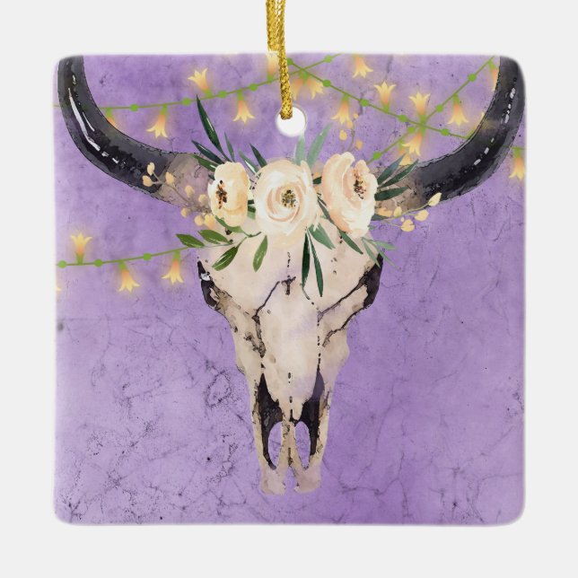 Personalised Boho Cow Skull and Lights Christmas Ceramic Ornament (Front)