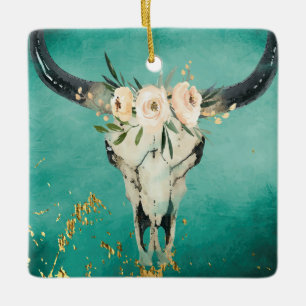 Personalised Boho Cow Skull, Flowers on Turquoise Ceramic Ornament