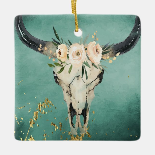 Personalised Boho Cow Skull, Flowers on Turquoise Ceramic Ornament (Front)