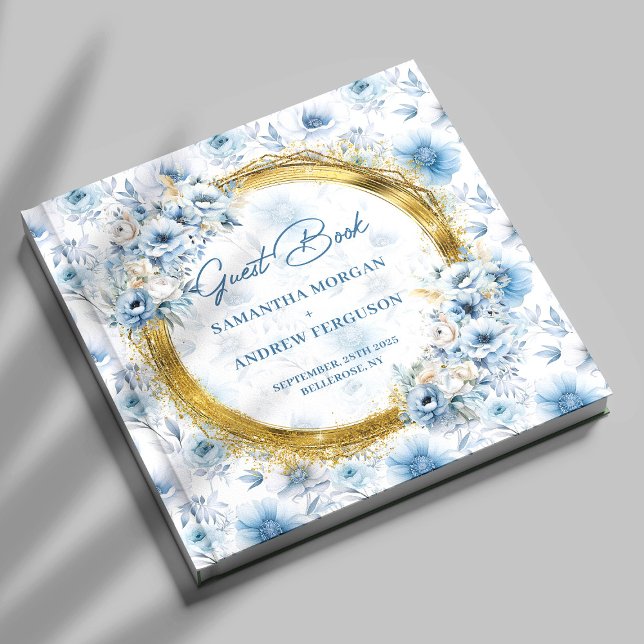 Personalised Boho Dusty Blue Gold Glitter Wedding Guest Book (Personalized Boho Dusty Blue Gold Glitter Wedding Guest Book)