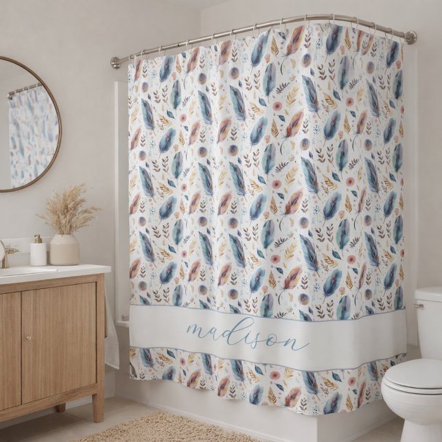 Personalised Boho Feather Floral Shower Curtain (Creator Uploaded)