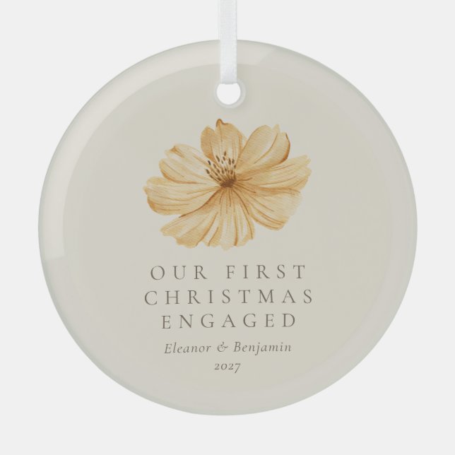 Personalised Boho Floral First Christmas Engaged Glass Tree Decoration (Front)