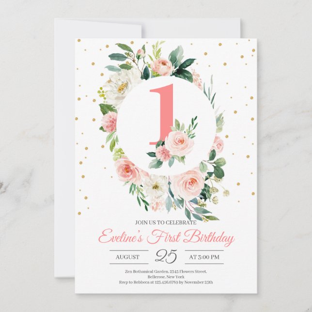 Personalised boho floral girl first birthday invitation (Front)