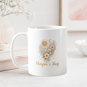 Personalised Boho Floral Heart Sun Moon Mug