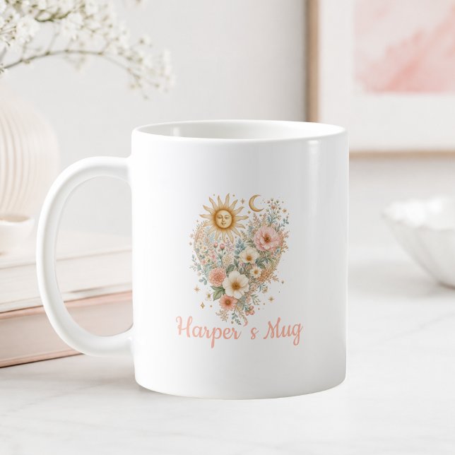 Personalised Boho Floral Heart Sun Moon Mug (Personalized Boho Floral Heart Sun Moon Stars Script Font Mug)