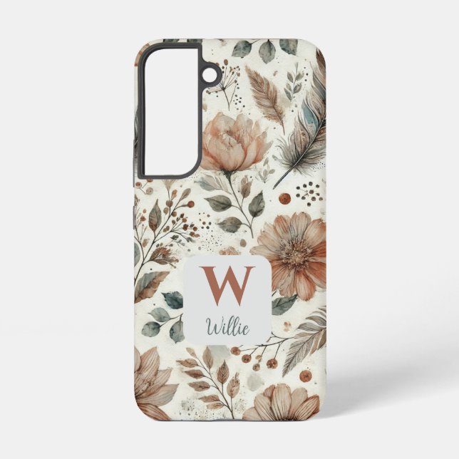 Personalised Boho Floral Monogram and Name Samsung Galaxy S22 Case (Back)