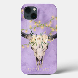 Personalised Boho Floral Skull and Lights Purple iPhone 13 Case