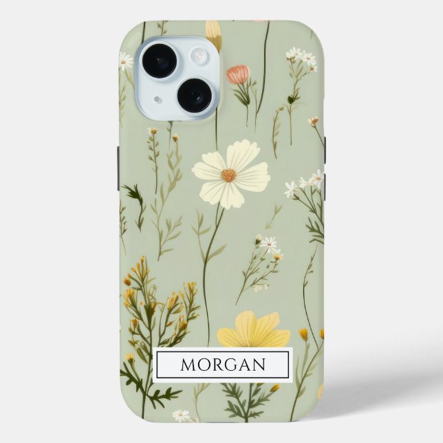 Personalised Boho Floral Wildflower Sage Green Case-Mate iPhone Case (Back)