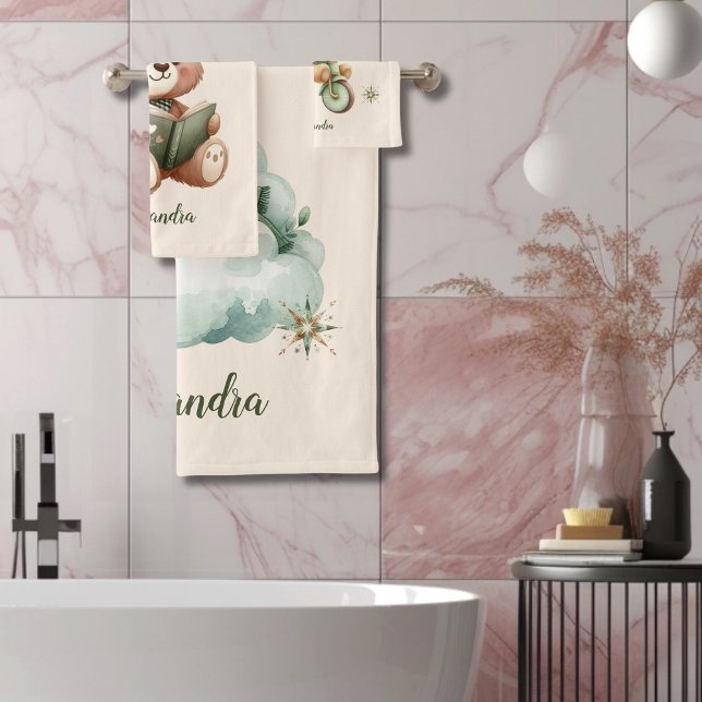 Personalised Boho Green Teddy Bear Bath Towel Set (Creator Uploaded)