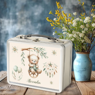 Personalised Boho Green Teddy Bear Metal Lunch Box