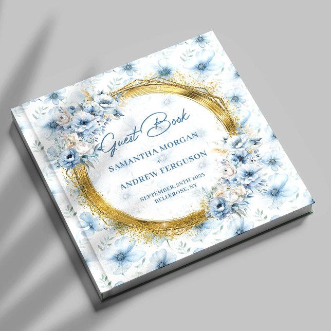 Personalised Boho Light Blue Gold Glitter Wedding Guest Book (Personalized Boho Light Blue Gold Glitter Wedding Guest Book )