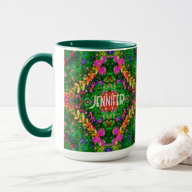 Personalised Boho Pattern Green Inspirivity Mug (With Donut)