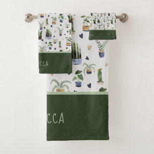 Personalised Boho Potted Plant Pattern Bath Towel Set