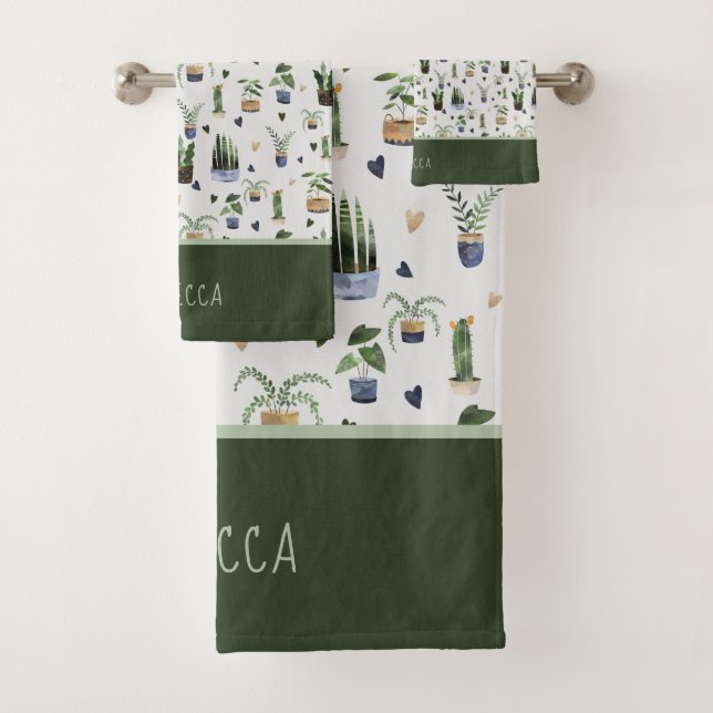 Personalised Boho Potted Plant Pattern Bath Towel Set (Insitu)