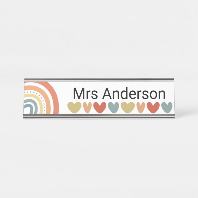 Personalised Boho Rainbow and Heart Desk Name Plate (Front)