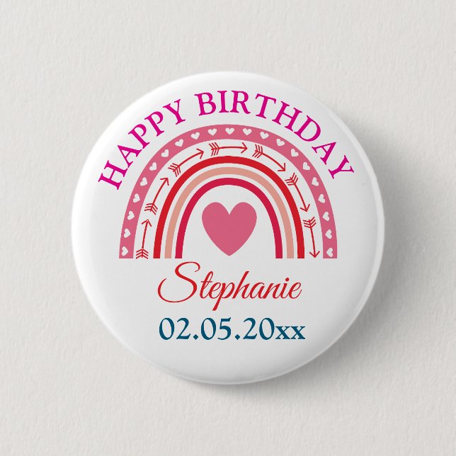 Personalised Boho Rainbow Birthday 6 Cm Round Badge (Front)
