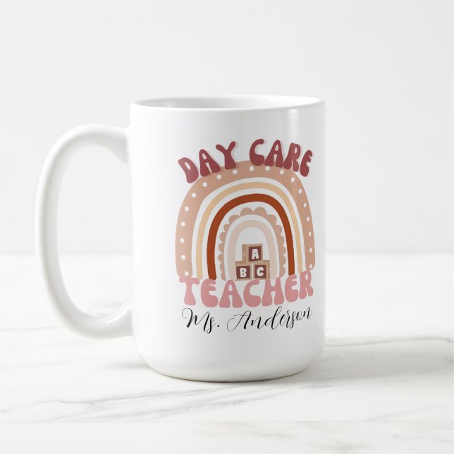 Personalised boho rainbow daycare teacher  coffee mug (Left)