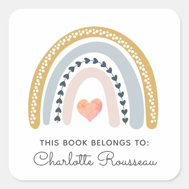 Personalised Boho Rainbow Kid's Bookplate Square Sticker (Front)