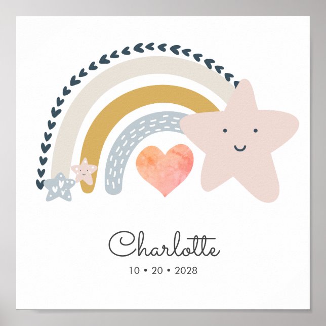 Personalised Boho Rainbow Name Date Of Birth  Poster (Front)