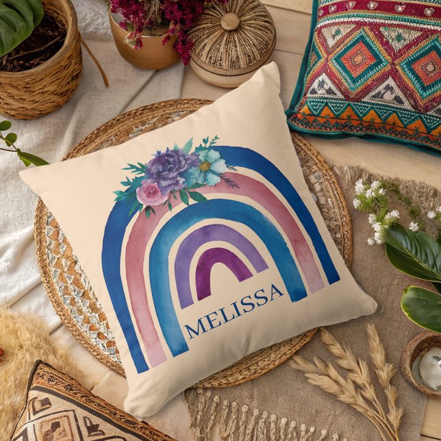 personalised Boho Rainbow with Flowers  Cushion (Creator Uploaded)