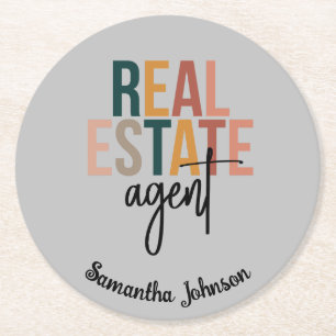 Personalised Boho Real Estate Agent Gift Round Paper Coaster